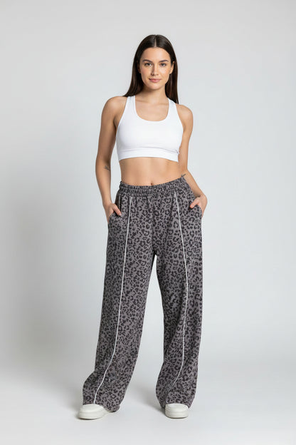 Women High Elastic Leopard Print Yoga Pants Loose Wide Leg Fitness Workout Pants Butt Lifting Slim Casual Sports Trousers