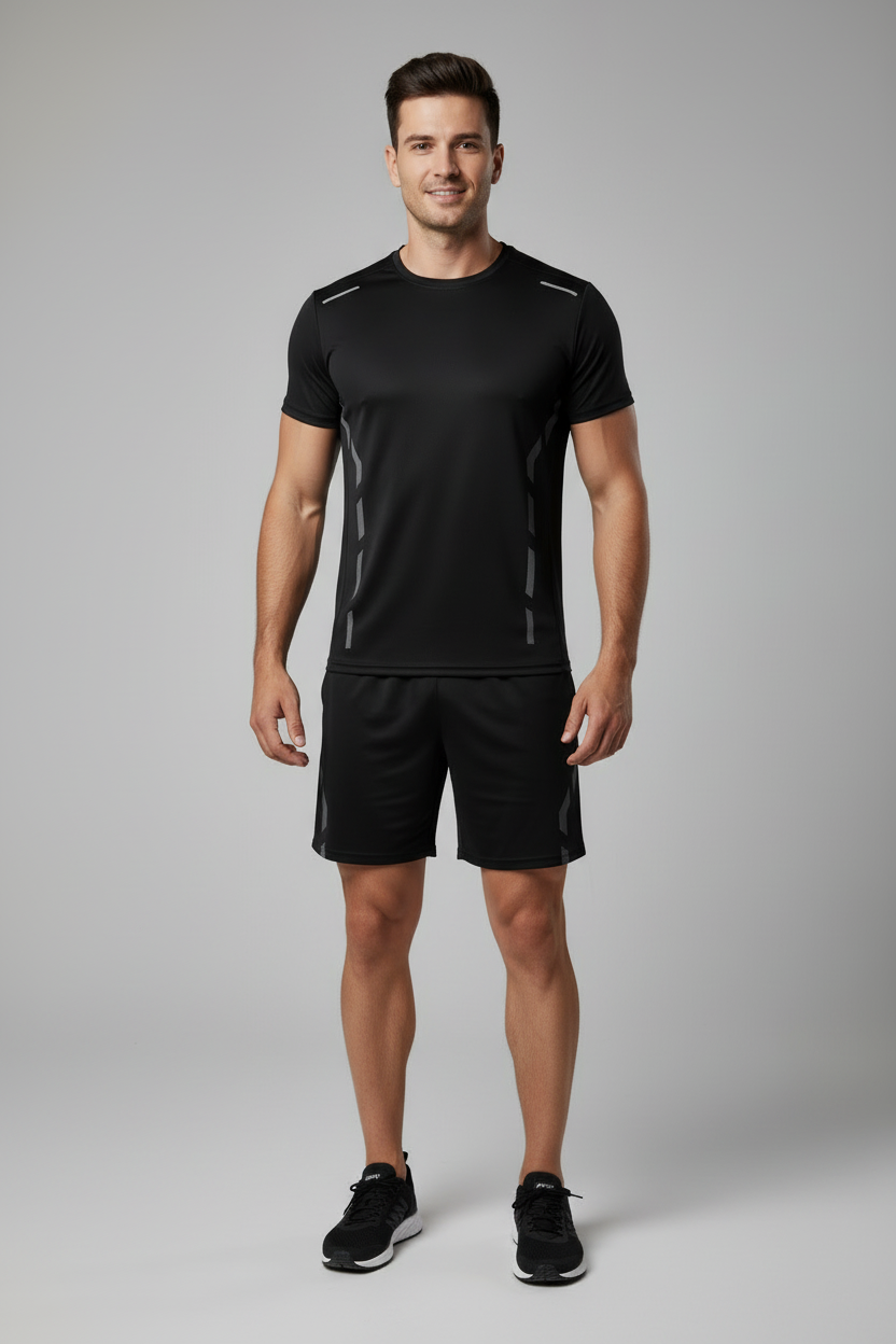 2-Piece Men'S Summer Quick Drying Sports Suit Loose and Breathable Short Sleeved T-Shirt Running and Fitness Black Pocket Shorts
