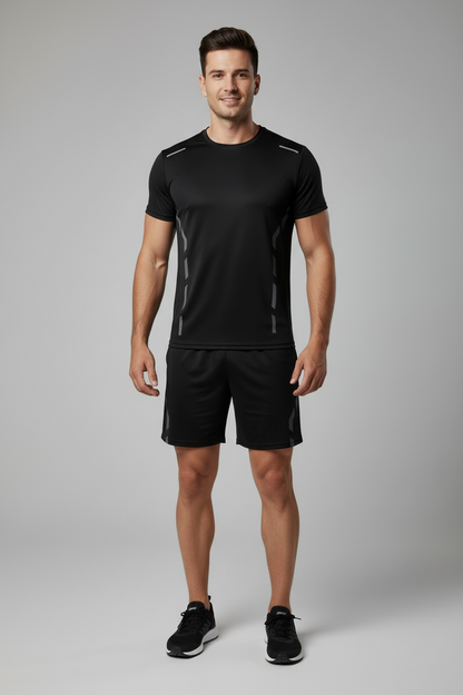 2-Piece Men'S Summer Quick Drying Sports Suit Loose and Breathable Short Sleeved T-Shirt Running and Fitness Black Pocket Shorts