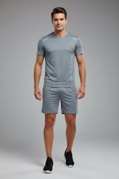 2-Piece Men'S Summer Quick Drying Sports Suit Loose and Breathable Short Sleeved T-Shirt Running and Fitness Black Pocket Shorts