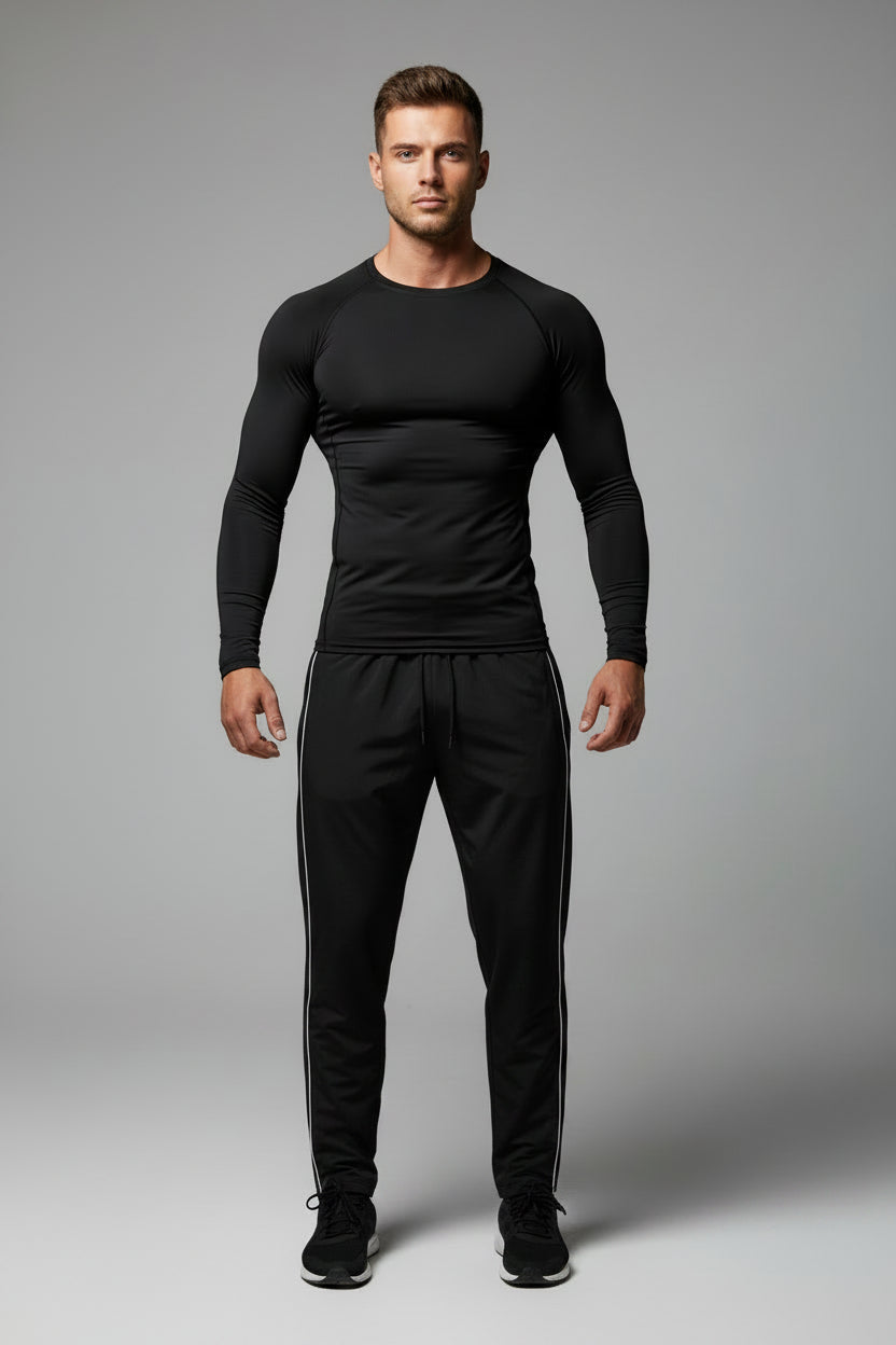 Mens Spring Fall Athletic 2 Piece Set Gym Workout Running Sportswear Long Sleeve Compression Shirt Pants Trousers Sweatpants