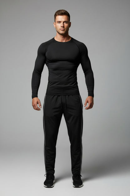 Mens Spring Fall Athletic 2 Piece Set Gym Workout Running Sportswear Long Sleeve Compression Shirt Pants Trousers Sweatpants