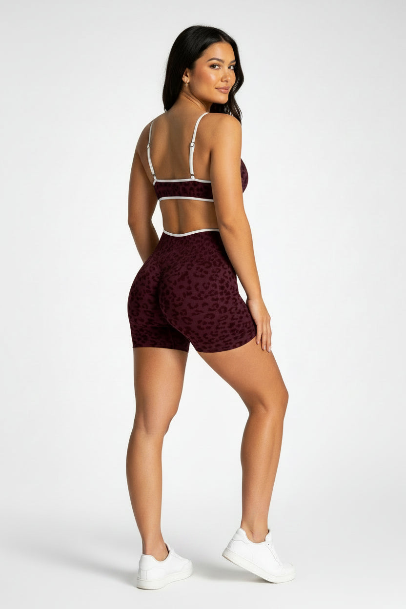 Women Leopard Print 2 Piece Yoga Set High Waist Butt Lift Biker Shorts Adjustable Strap Sports Bra Gym Workout Activewear