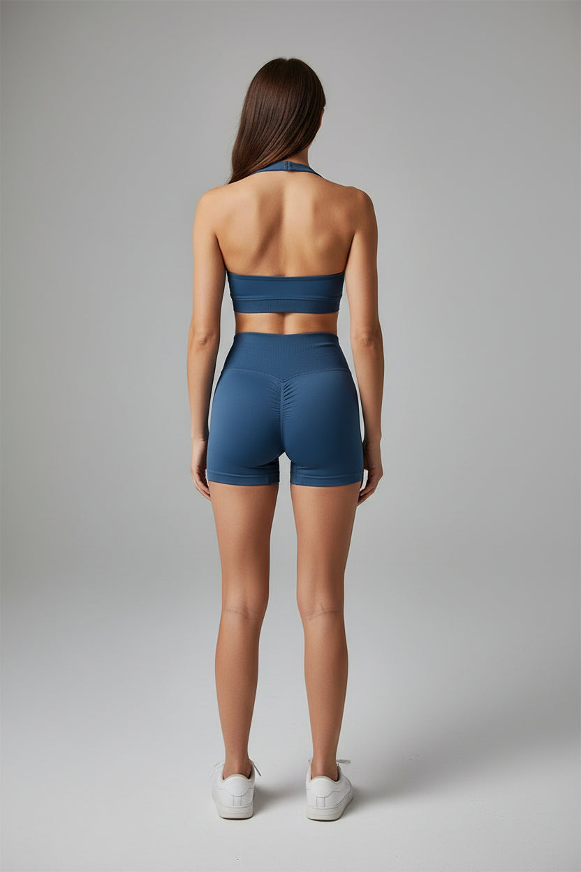 Sexy Halter Neck Beautiful Back High Waist Peach Sports Bras Shorts Suit Pilates Gathering Yoga Vest Training Fitness Bra Sets