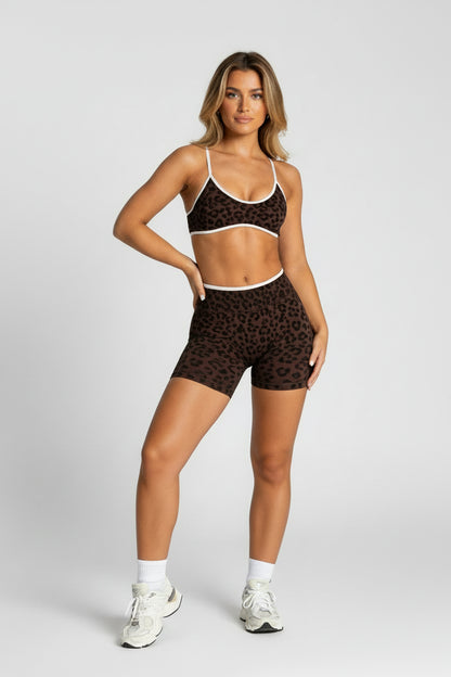 Women Leopard Print 2 Piece Yoga Set High Waist Butt Lift Biker Shorts Adjustable Strap Sports Bra Gym Workout Activewear