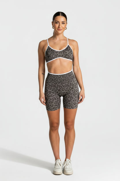 Women Leopard Print 2 Piece Yoga Set High Waist Butt Lift Biker Shorts Adjustable Strap Sports Bra Gym Workout Activewear