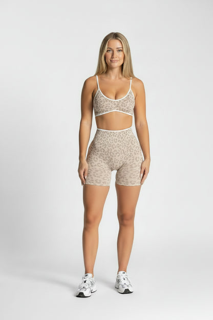 Women Leopard Print 2 Piece Yoga Set High Waist Butt Lift Biker Shorts Adjustable Strap Sports Bra Gym Workout Activewear