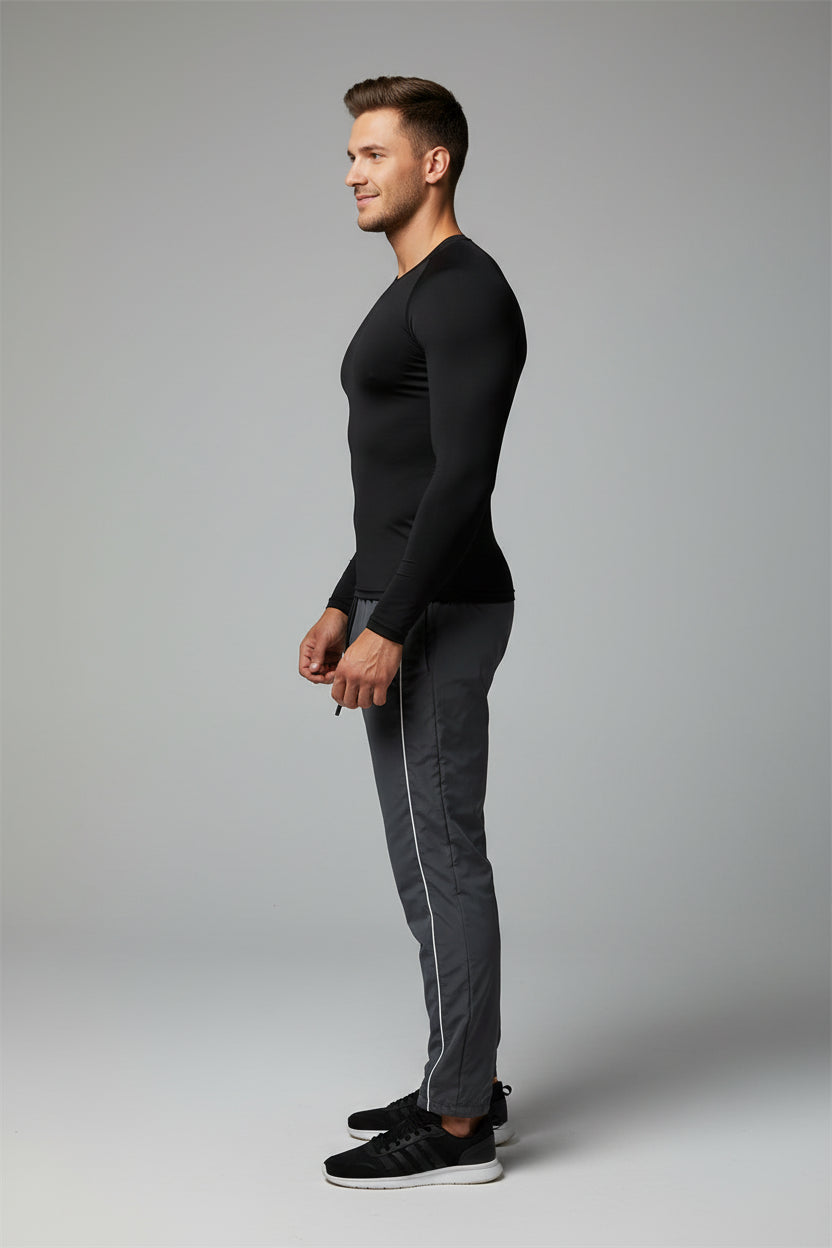 Mens Spring Fall Athletic 2 Piece Set Gym Workout Running Sportswear Long Sleeve Compression Shirt Pants Trousers Sweatpants